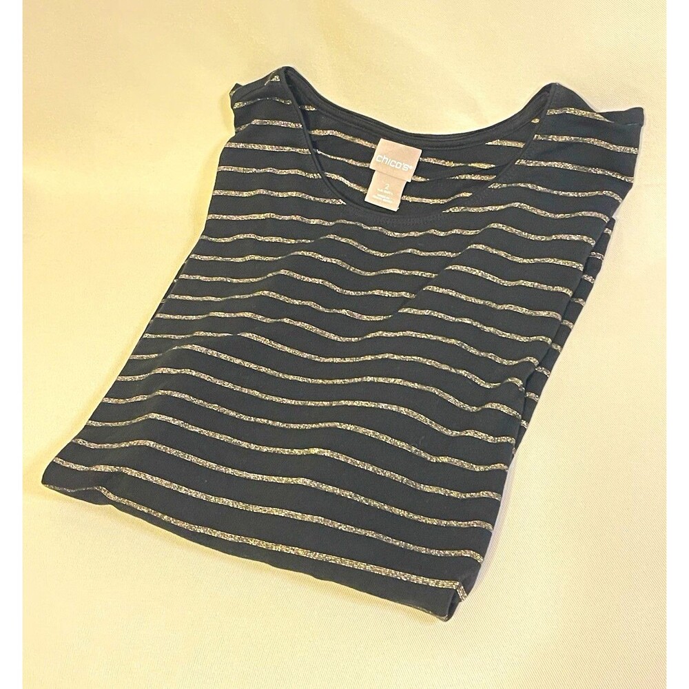 Chico's Black Gold Metallic Striped Knit Scoop Neck Long Sleeve Top Size 2